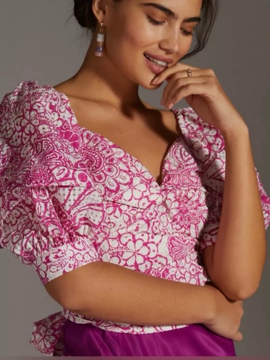 Tops - Maeve Anthropologie Pink Floral Puff Sleeve XL Tie Back brunch summer girly